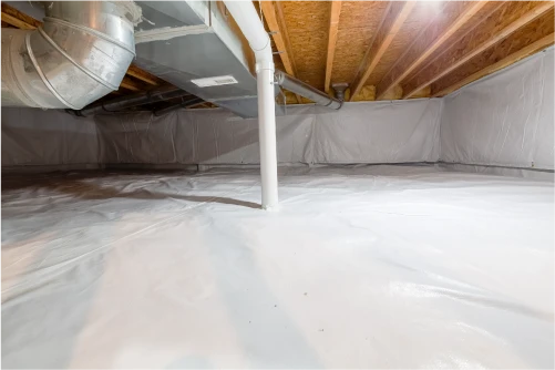 Encapsulated crawl space with sealed white vapor barrier in a Jacksonville, NC home